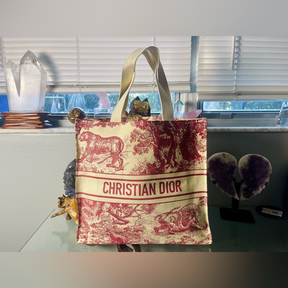 Christian Dior Red Ivory Woven Novelty Tiger Travel Carey On Beach Tote Bag GWP